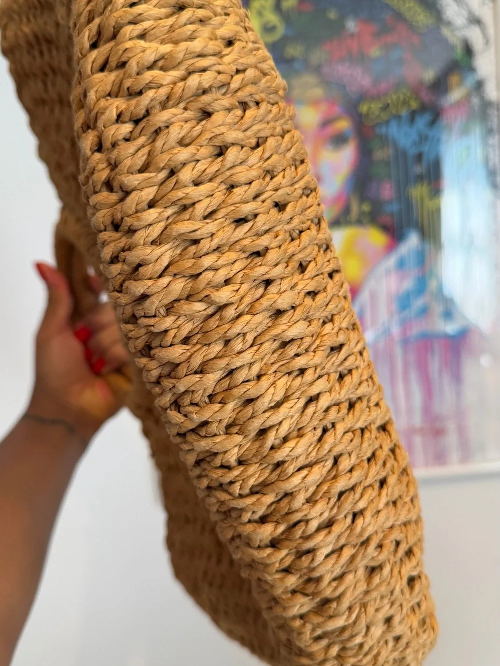 Woven Straw Half-Moon Handbag in Tan
